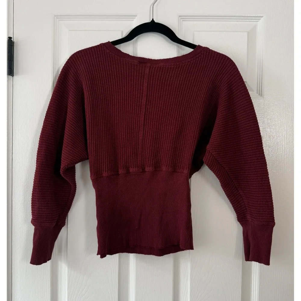 Free‎ People FP One Raven Burgundy Thermal Waffle Knit Crochet Lace Top XS Boho